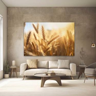 Imagem de Quadros Decorativos para Quarto Sala 90x60 Trigo Bege Marrom Paisagem Horizontal Grande Escritório Hall