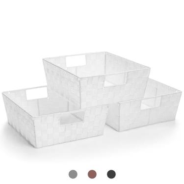 Imagem de Sorbus Conjunto de cesto de tecido – Cestas de armazenamento de prateleira para itens domésticos – Empilháveis com tiras de tecido e alças de transporte integradas (Branco)