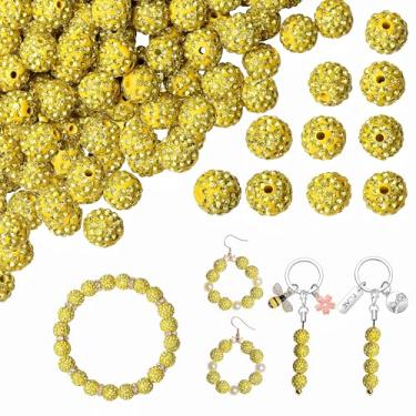 Imagem de NUKAYAI 100 contas amarelas de strass para fabricação de joias, contas de beisebol de argila amarela brilhante de 10 mm para artesanato, contas de discoball de Shamballa, contas de colar de beisebol