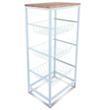 Imagem de Fruteira De Cozinha De Chão Montreal Em Aço E Mdf 3 Cestos Branco e Ja