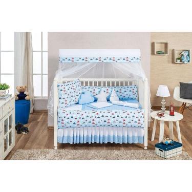 Imagem de Kit De Berço 8 Peças Carrinho Estampado Azul Com Cabeceira