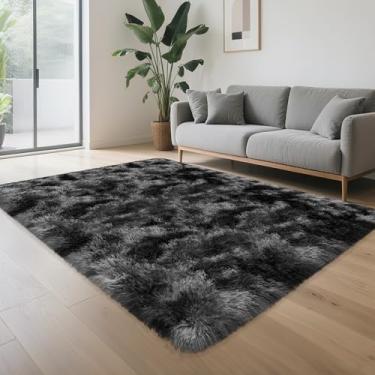 Imagem de TENNOLA Tapete macio e fofo para quarto, sala de estar, 1,2 x 1,8 m, tie-dye, cinza escuro, preto, felpudo, felpudo, felpudo, para uso interno, infantil, para meninas, meninos, quarto, berçário, casa