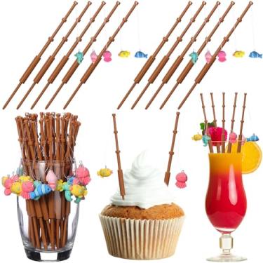 Imagem de Weysat 40 peças de enfeite de cupcake de pesca mini decoração de vara de peixe 3D pequeno pescador palhetas de pesca decorações de festa de aniversário mini palhetas de cupcake para decoração de bolo