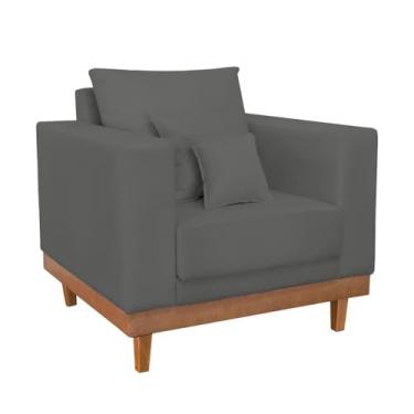 Imagem de Poltrona Living Resistente Suede Base Madeira com Almofadas Cinza