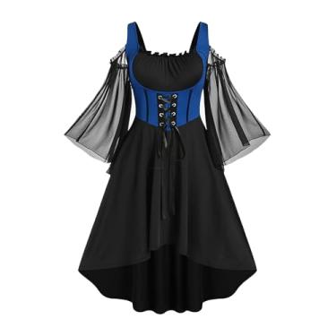 Imagem de Rosegal feminino plus size punk ombro vazado mangas flare laço alto baixo linha midi vestido gótico renascentista vestido espartilho (Azul_2/1X)
