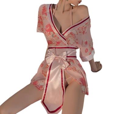 Imagem de SENJIY sexy kimonos for women robe lingerie Cute cosplay dress Deep V-Neck open front Floral Pattern costume short outfit japanese Yukata Side Slit suit Anime Sleepwear bikini set pink
