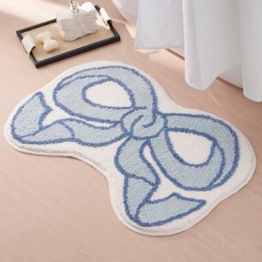 Imagem de ELDONE Tapetes de banheiro em forma de laço azul, tapete de banho pequeno e fofo, tapete de microfibra estético, moderno, divertido, fofo, feminino, decoração de arco de coquete para quarto de meninas