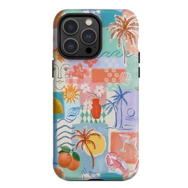Imagem de SobLn Capa para iPhone 16 Pro, capa de verão praia oceano vintage colagem de árvore, capa de telefone à prova de choque híbrida de concha do mar com 2 camadas para meninas e mulheres de 16 cm