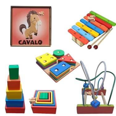 Imagem de Kit Brinquedo Pedagógico Em Madeira Xilofone + Prancha De Seleção + Aramado M + Cubo + Estojo ou Alinhavos (Kit Estojo QC Met Anim)