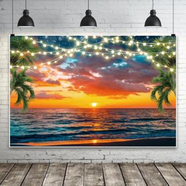 Imagem de Laeacco 25,4 x 2,3 m Pôr do sol, nuvens, oceano, cenário de fotos de praia tropical, palmeira, pôr do sol, anoitecer, fundo à beira-mar, Aloha Luau, decoração de festa, casamento, chá de panela