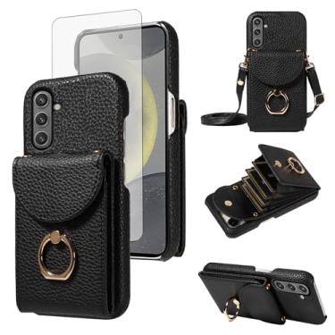 Imagem de Furiet Capa carteira de órgão para Samsung Galaxy S24 FE 5G com protetor de tela de vidro temperado anel fivela alça de ombro, flip de couro PU com suporte para cartão para S 24 EF AI S24FE 24S preta