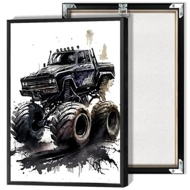 Imagem de Arte de parede retrô Monster Truck Preto Off Road Racing Poster Cool Watercolor Extreme Trucks Pintura para meninos quarto sala de estar garagem sala de jogos decoração de parede 30 x 40 cm sem