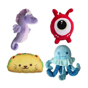 Imagem de Snugarooz Conjunto de pelúcia e carnaval enrugado para todas as raças de cães – cavalo marinho (roxo), Just Jeff (monstro 2 em 1), #tacocat & Jelly the Fish – Conjunto de brinquedo sensorial macio e