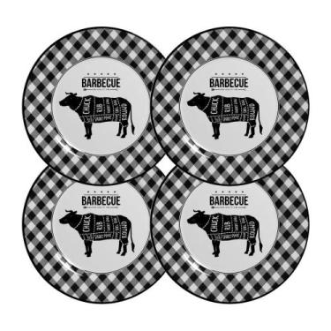 Imagem de Jogo 4 Pratos Raso Barbecue Preto e Branco Cerâmica Alleanza 29cm
