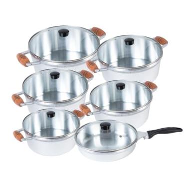 Imagem de Jogo de Panelas 6 Peças Cava em Alumínio Fundido Polido com Alça de Madeira e Tampas de Vidro com Frigideira 24cm