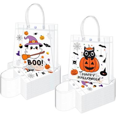 Imagem de Motipuns 72 peças de sacos de presente de plástico transparente de Halloween com alças, pequenos sacos reutilizáveis de PVC para lembrancinhas de abóbora a granel, sacola preta laranja para doces ou