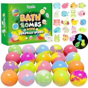 Imagem de Bombas de banho para crianças com brinquedos surpresa dentro, pacote com 20 bombas de banho infantis com brinquedos que brilham no escuro, bola com gás de banho de espuma natural feita à mão, conjunto
