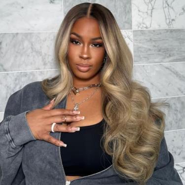 Imagem de Perucas de cabelo humano com destaque ombré, loiro acinzentado, cabelo humano, densidade de 180%, loiro acinzentado, perucas frontais de renda para mulheres, 13 x 4 HD, balayage, sem cola, destaque