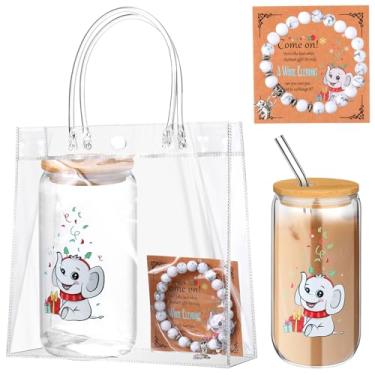 Imagem de Highergo 3 peças de presentes de elefante branco para homens e mulheres pulseira de elefante forte com inspiração de pedra natural com bolsa e copo de 473 ml com tampa e canudo para lembrancinha de