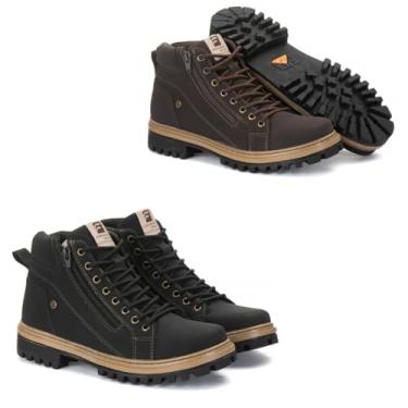 Imagem de Bota Coturno Masculina Adventure Cano Médio Sola Tratorada Cadarço Casual Couro Sintético (Preto - Marrom, Padrão, BR, Adulto, Numérico, 42)