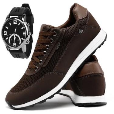 Imagem de Sapatenis Casual Masculino Moderno e Relogio - SapatoFran, Marrom, 42