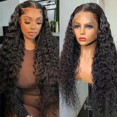 Imagem de ZHUIGUANGZE Peruca frontal frontal de 71 cm, cabelo sintético pré-arrancado, onda profunda, sintético, transparente, cabelo humano, sem cola, ondulado, encaracolado, preto natural para mulheres