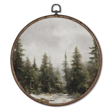 Imagem de Giosve Pôster emoldurado em tela vintage de floresta de pinheiros de inverno redondo, rústico retrô fazenda paisagem de inverno esculturas de parede para decoração de sala de estar, quarto de casa, 25