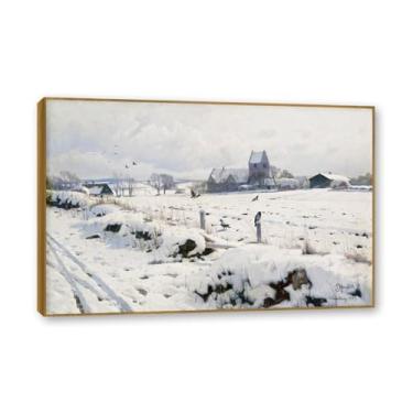 Imagem de NHLDZYH Moldura externa de teca. Famosas pinturas a óleo (paisagem 05) por Peder Mork Monsted, reprodução impressa em tela, arte de cenário para decoração de sala de estar. 80 x 120 cm - 31,5 x 47,3