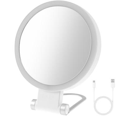 Imagem de kaimenhong Espelho de maquiagem iluminado, espelho de ampliação 30X, espelho de pendurar e portátil com alça, espelho de maquiagem giratório de 360° para viagem, 3 modos de iluminação, espelho de