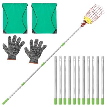 Imagem de Mastro de colhedor de frutas com cesta, cabo longo telescópico ajustável de 3,28 m a 3,96 m, ferramenta de colheita de frutas segmentada com saco de armazenamento e luvas, cesta de colheita de laranja