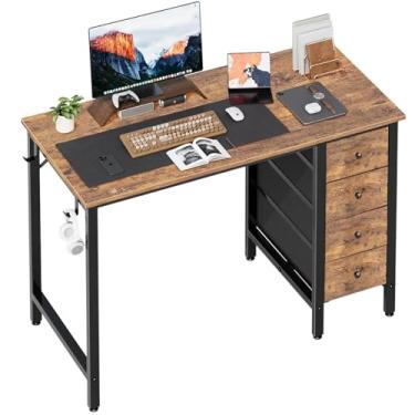 Imagem de Lufeiya Mesa de computador de 119 cm com 4 gavetas de tecido, mesa de estudo de trabalho reversível para escritório em casa, quarto, mesas de computador modernas e simples para estudantes, marrom