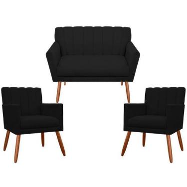 Imagem de Kit Namoradeira + 2 Poltronas Decorativa Cecília Suede Preto Pés Madei