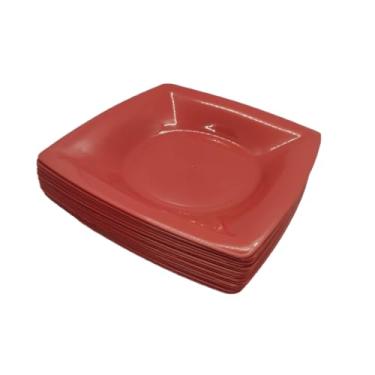 Imagem de Jogo De Pratos 25 PeçAs | Pratos Quadrados Fundos Em PláStico ReutilizáVel E Resistente | Ideal Para Festas, Churrascos, Lanches E Dia A Dia | Cores Variadas(10 Pratos,Vermelho)