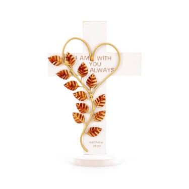 Imagem de Cruz de parede de madeira com folha de coração de ferro decorada com gancho e base para pendurar na parede ou cruz de mesa com Mateus 28:20 para decoração de sala de casa de igreja (branca)