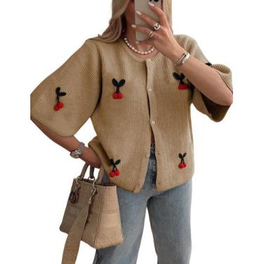 Imagem de Suéter de cardigã TIQOJE Casual Dressy Cherry Knit feminino cáqui