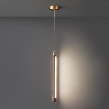 Imagem de Luminária pendente LED em nogueira, luminária linear suspensa, lustre de latão, luminária de teto, luminária pendente em nogueira preta, decoração de cabeceira para sala de estar, quarto