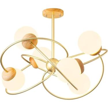 Imagem de Lustre de fazenda moderno de meados do século com 6 luzes Lustre de vidro leitoso Sputnik Luminária de teto semi-embutida Grande lustre vintage de madeira para sala de jantar Sala de estar Q