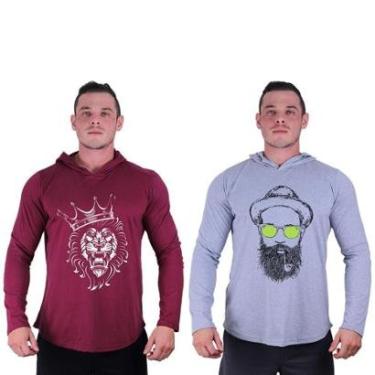 Imagem de Kit 2 Camisetas Manga Longa com Touca Longline Estampada Treino Academia Lazer Casual-Masculino
