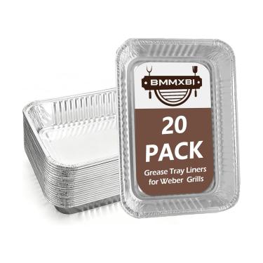 Imagem de BMMXBI Pacote com 20 bandejas coletoras de alumínio para churrasqueira Weber 6415, forros de bandeja de graxa descartáveis universais para Weber Spirit, Traveler, Genesis, Q Series