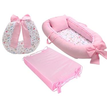 Imagem de Kit Ninho Redutor De Berço Menina + Almofada De Amamentação + Trocador liso Menina (Arco Iris troc rosa)