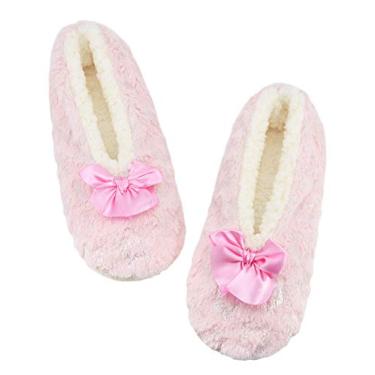 Imagem de DICUIRD Meias femininas aconchegantes e quentes de sola macia com aderência, forro de lã felpuda, chinelos de casa com parte inferior antiderrapante, Ty Pink, 8-10