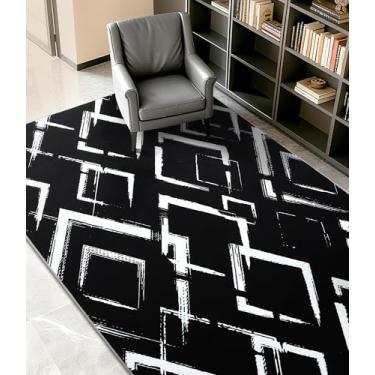 Imagem de YIHOUSE Tapete geométrico moderno preto 12 x 18 cm, preto e branco com padrões abstratos de diamante, tapetes laváveis que não caem para quarto, escritório em casa e pequena sala de estar
