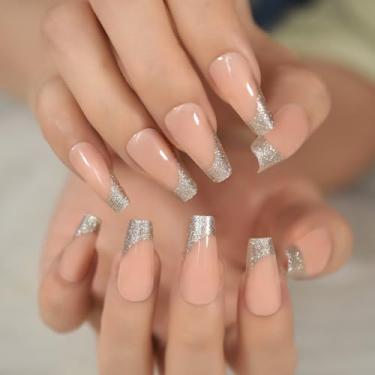Imagem de Unhas falsas prata glitter design cobertura completa manicure base natural tipo brilhante pressione nas pontas das unhas kit de unhas