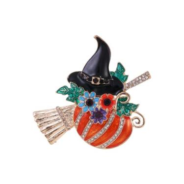 Imagem de Broche de Halloween com strass abóbora chapéu de bruxa colorido esmalte flor folha vassoura alfinetes de lapela delicados feriados noite fantasia festa joias, Metal, Sem Pedra Preciosa
