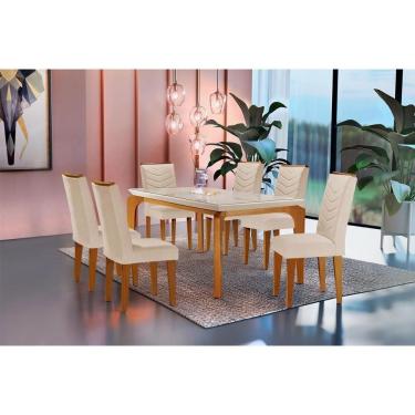 Imagem de Kit Mesa Londrina C- Tampo Vidro 180cm + 6 Cadeiras Londrina Imbuia Veludo Creme