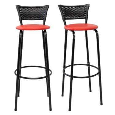 Imagem de Kit 2 Banquetas Altas 80cm Estrutura Preta Encosto Junco Preto Ideal Bancada Cozinha Americana Bares Balcão Ilha Área Gourmet Piscina Itagold (Assento Vermelho)