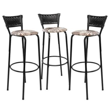 Imagem de Kit 3 Banquetas Altas 80cm Estrutura Preta Encosto Junco Preto Ideal Bancada Cozinha Americana Bares Balcão Ilha Área Gourmet Piscina Itagold (Assento Floral Marrom)