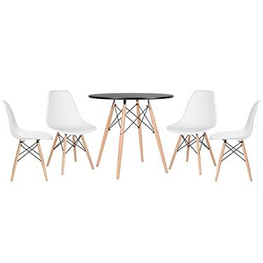 Imagem de Loft7, Kit Mesa Redonda Eames 80 cm Preto + 4 Cadeiras Eames DSW, Polipropileno, Aço e Madeira, Escritório, Sala de Estar e Sala de Jantar - Branco