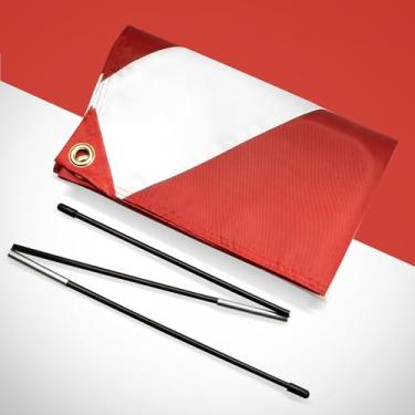 Imagem de Bandeira de advertência de mergulhador com mastro de reforço removível 50 x 61 cm - Nylon com costura dupla - Bandeiras de mergulho vermelhas e brancas para mergulho submarino mergulho livre