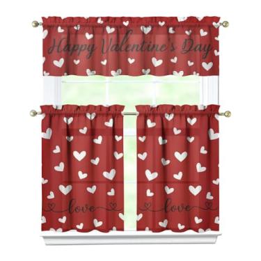 Imagem de Cortinas de cozinha para Dia dos Namorados, decorações para casa, dia dos namorados, cortinas de janela com bolso para varão, conjunto de camadas e saia para dia dos namorados, 137 x 45 cm, saia de 68